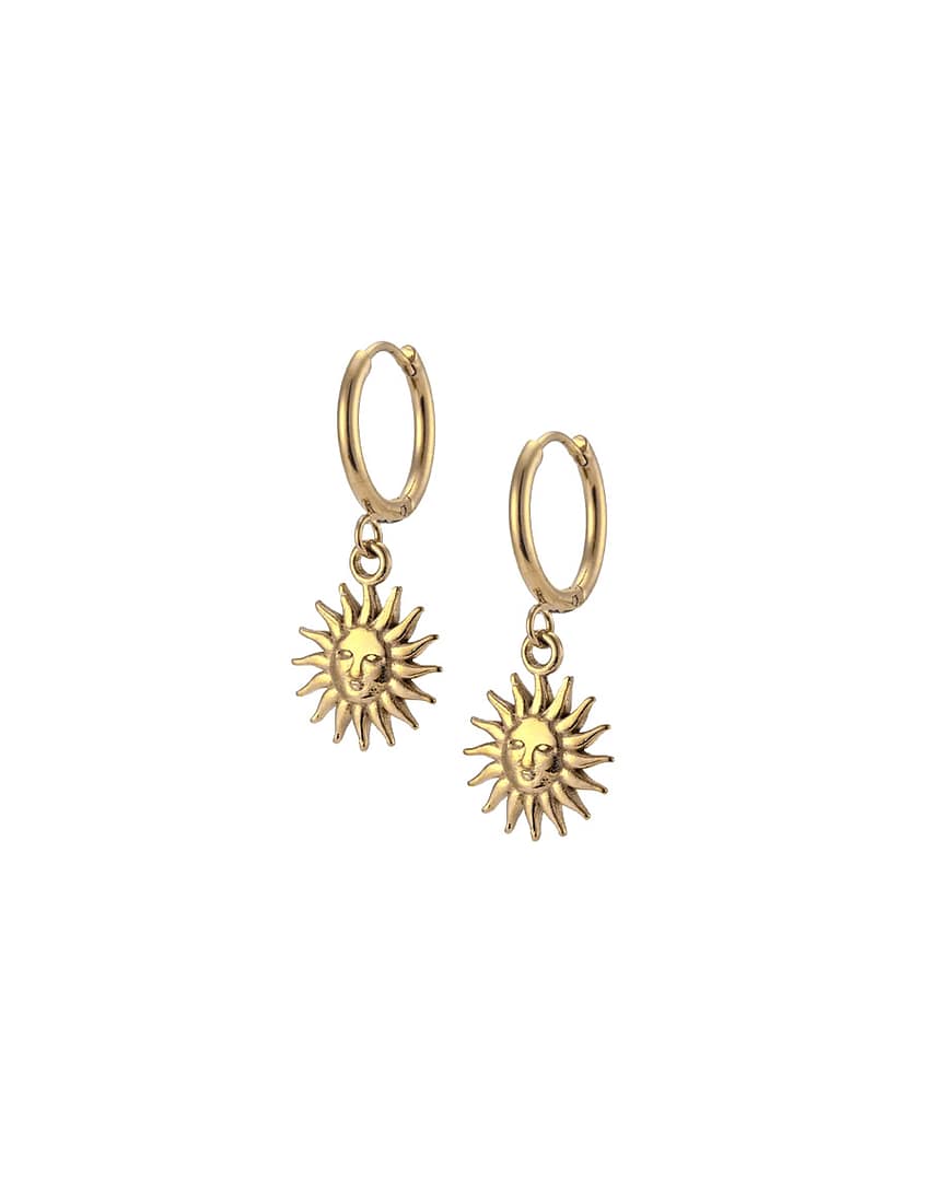 soleil-sun-hoops-stainless-steel-gold-hellaholics Golden sun hoops small detailed sun pendants in stainless steel on white background