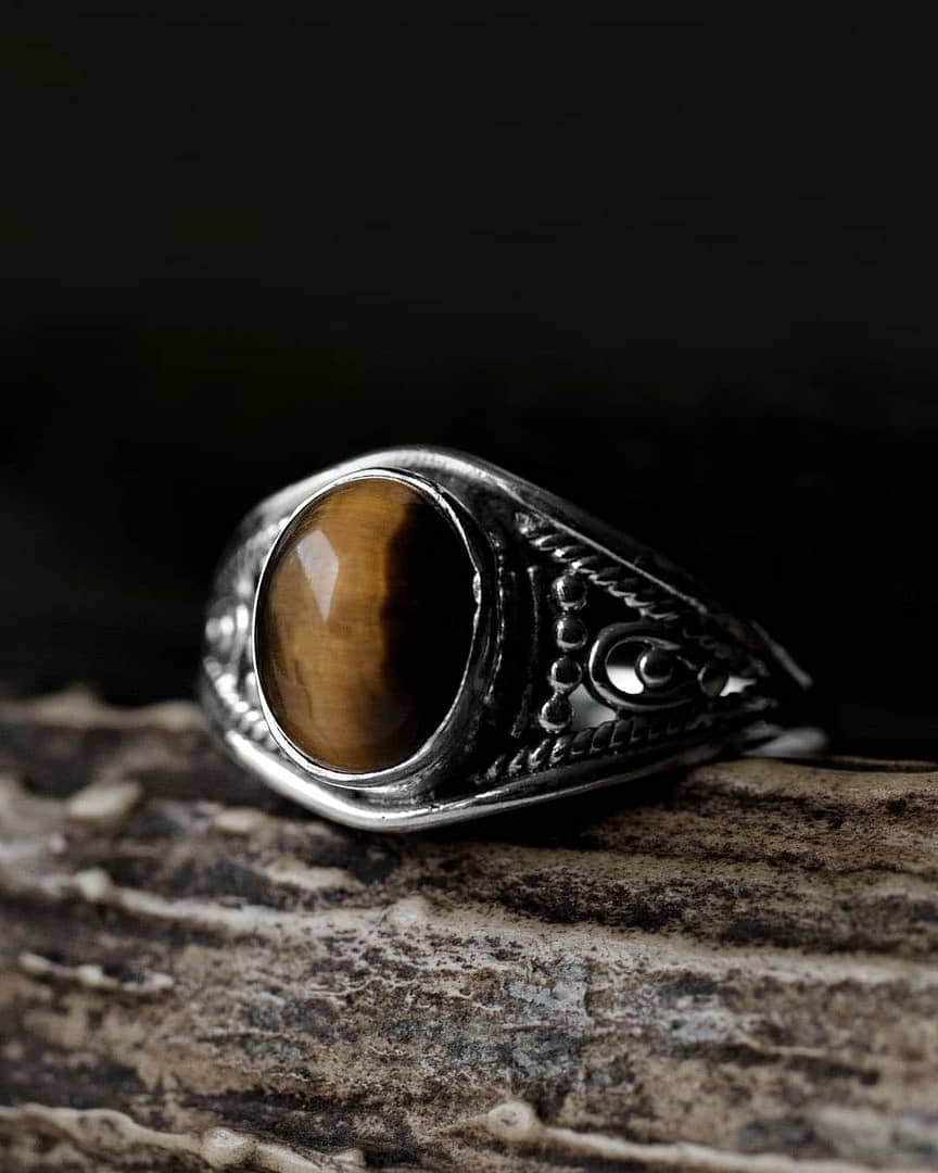 925 Sterling Silver Patterned Mens Ring with Brown Tigers Eye Stone »  Anitolia