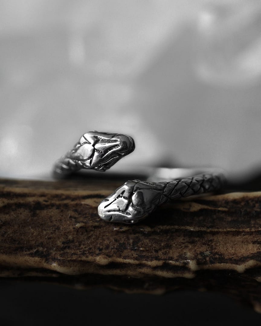 double headed sterling silver adjustable snake ring on brown branch hellaholics