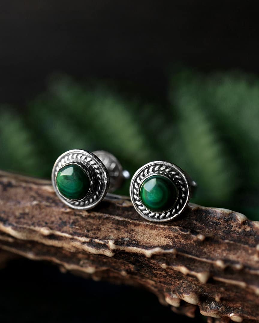 raina-malachite-sterling-silver-ear-studs-earrings-hellaholics round sterling silver malachite earrings on brown branch with green background