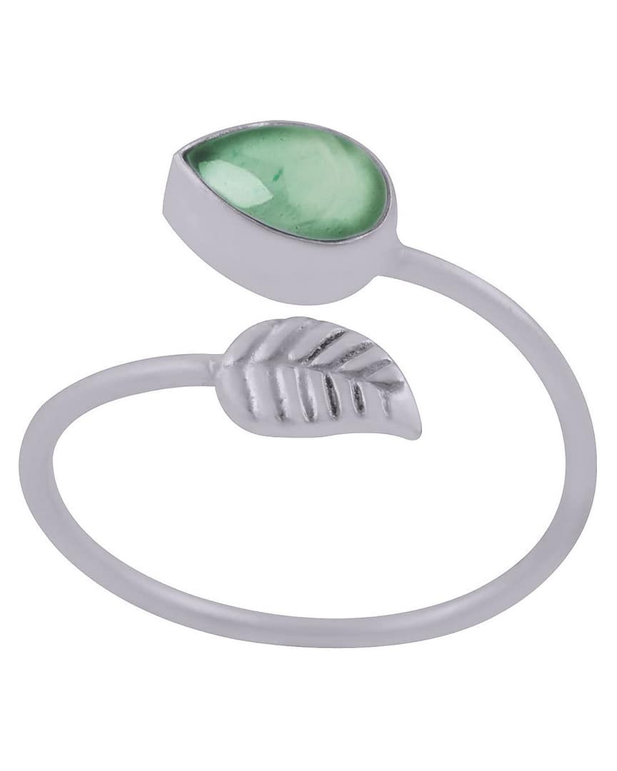 Dana Vibrant Green Aventurine Adjustable Leaf Ring Silver from side Dana Vibrant Green Aventurine Adjustable Leaf Ring Silver from side