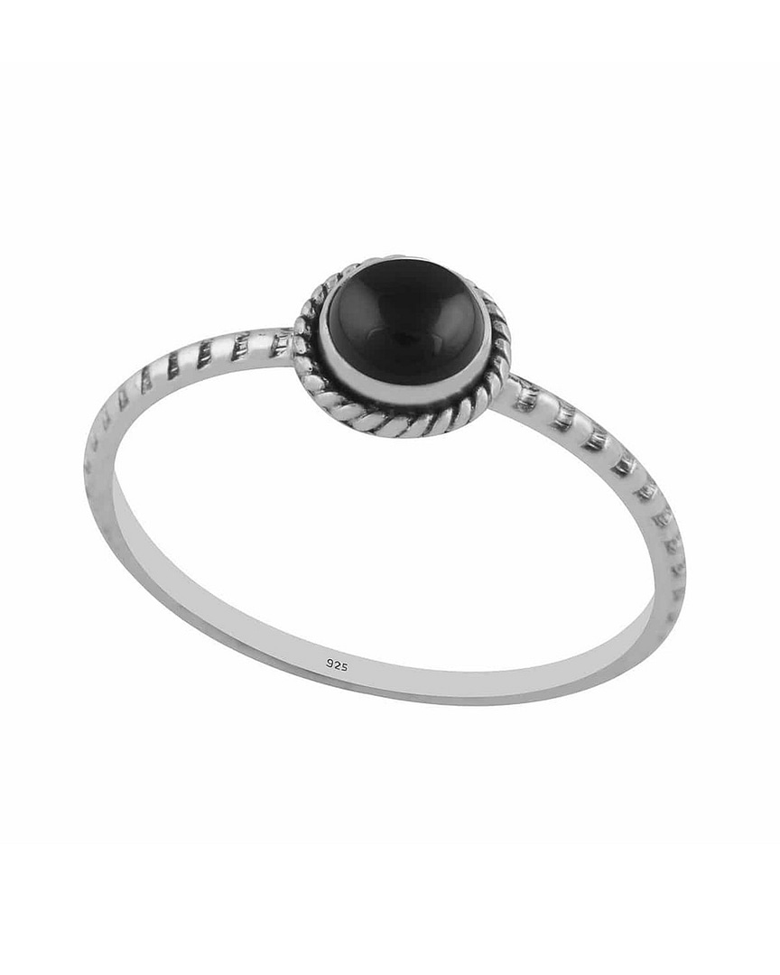 asteria-silver-onyx-stacking-ring-perspective-hellaholics Round petite black Onyx Stacking Ring in lightweight sterling silver on white background perspective view